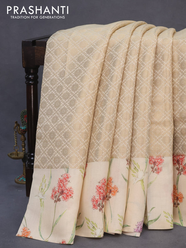 Banarasi silk saree cream with allover zari woven brocade weaves and floral digital printed border