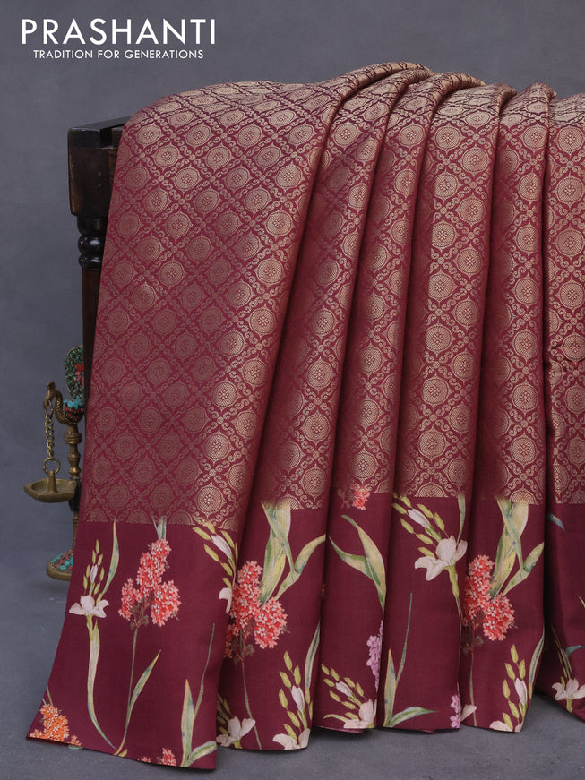 Banarasi silk saree maroon with allover zari woven brocade weaves and floral digital printed border