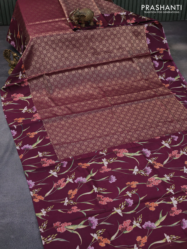 Banarasi silk saree maroon with allover zari woven brocade weaves and floral digital printed border