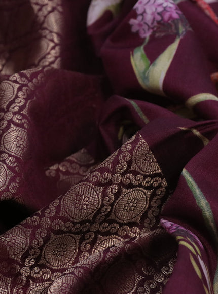 Banarasi silk saree maroon with allover zari woven brocade weaves and floral digital printed border