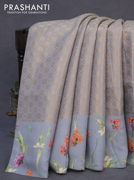 Banarasi silk saree pastel grey with allover zari woven brocade weaves and floral digital printed border