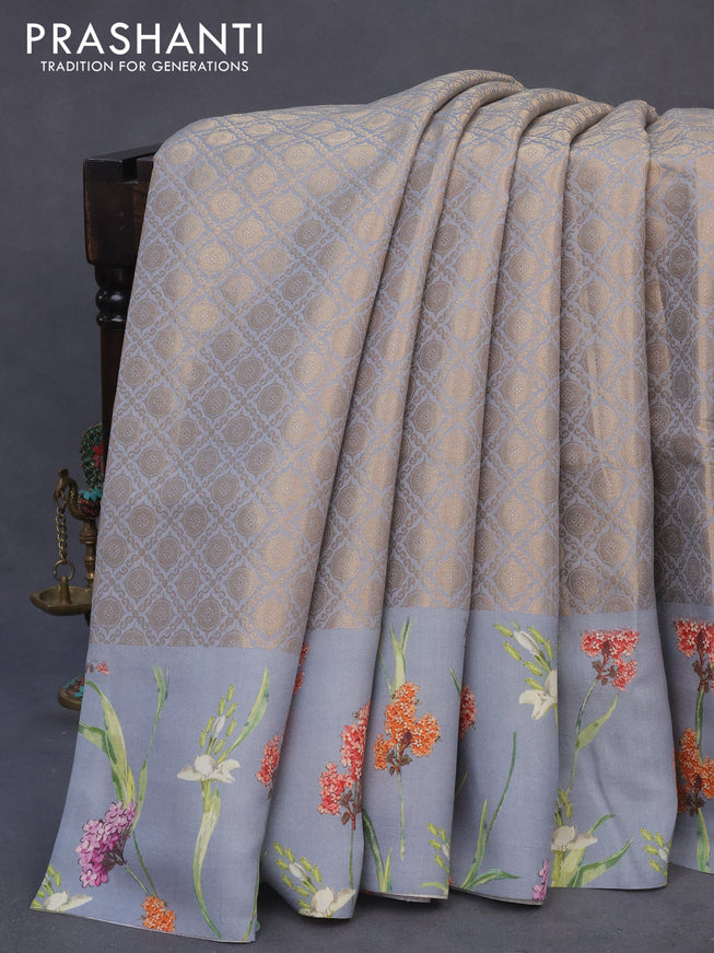 Banarasi silk saree pastel grey with allover zari woven brocade weaves and floral digital printed border