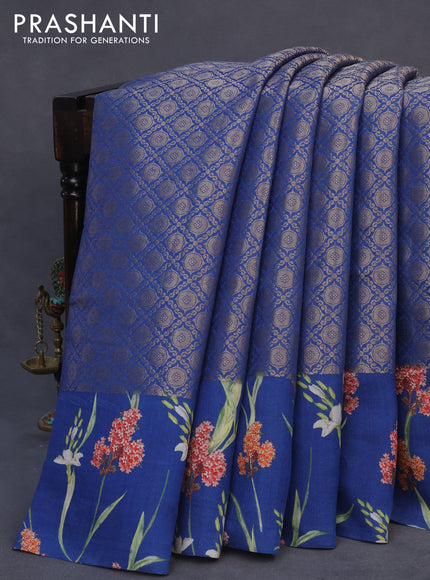 Banarasi silk saree peacock blue with allover zari woven brocade weaves and floral digital printed border