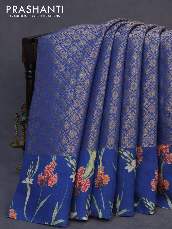 Banarasi silk saree peacock blue with allover zari woven brocade weaves and floral digital printed border