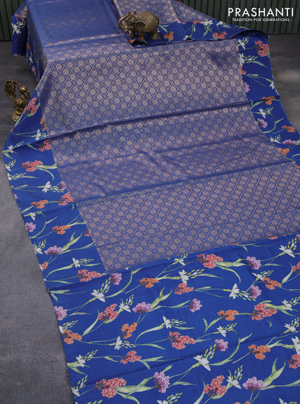 Banarasi silk saree peacock blue with allover zari woven brocade weaves and floral digital printed border