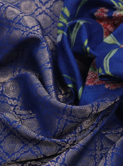 Banarasi silk saree peacock blue with allover zari woven brocade weaves and floral digital printed border