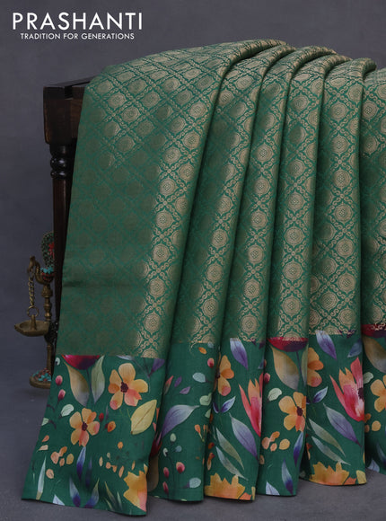 Banarasi silk saree green with allover zari woven brocade weaves and floral digital printed border