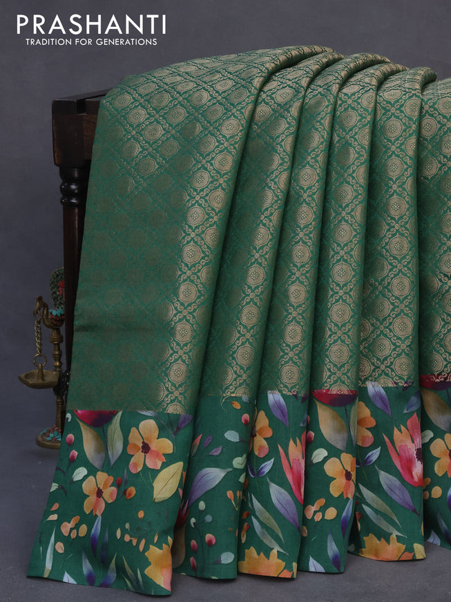 Banarasi silk saree green with allover zari woven brocade weaves and floral digital printed border