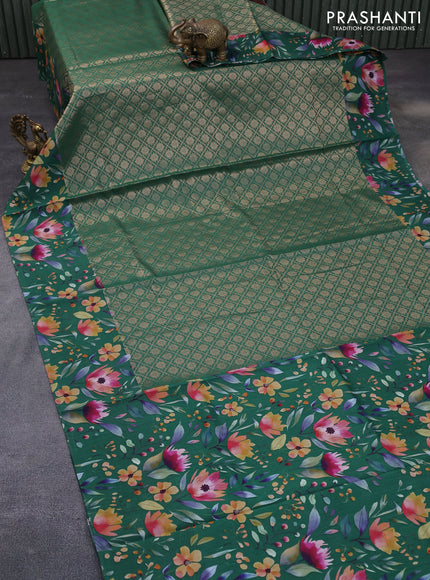 Banarasi silk saree green with allover zari woven brocade weaves and floral digital printed border