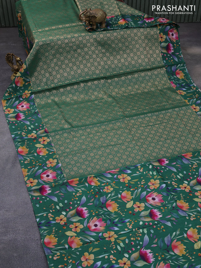 Banarasi silk saree green with allover zari woven brocade weaves and floral digital printed border