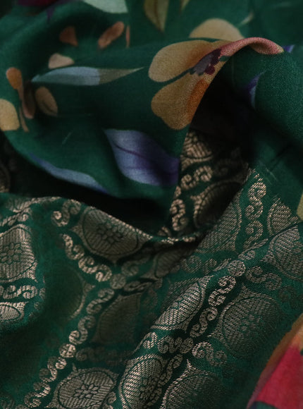 Banarasi silk saree green with allover zari woven brocade weaves and floral digital printed border