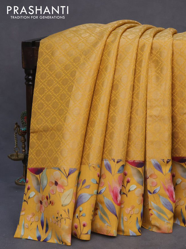 Banarasi silk saree mustard yellow with allover zari woven brocade weaves and floral digital printed border