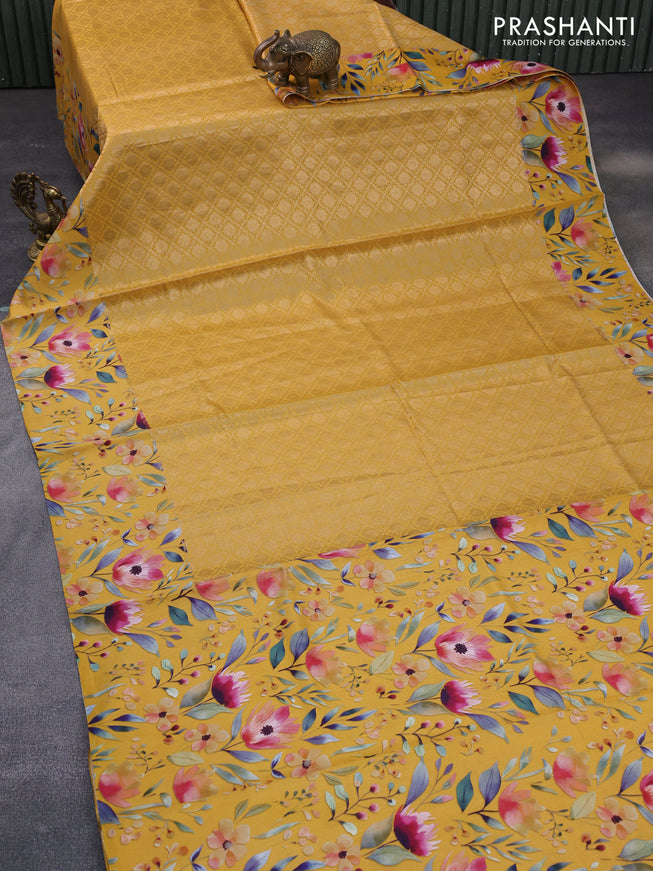 Banarasi silk saree mustard yellow with allover zari woven brocade weaves and floral digital printed border