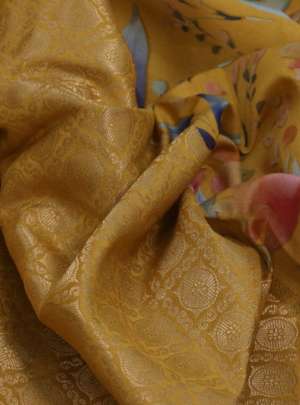 Banarasi silk saree mustard yellow with allover zari woven brocade weaves and floral digital printed border