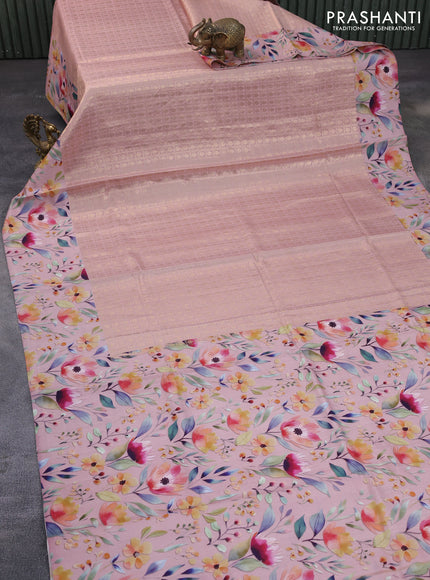 Banarasi silk saree pastel peach with allover zari woven brocade weaves and floral digital printed border