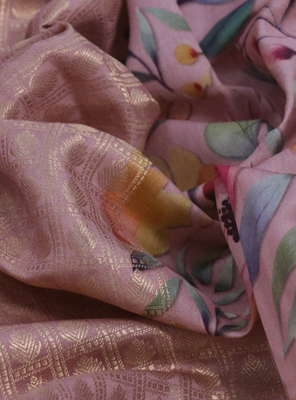 Banarasi silk saree pastel peach with allover zari woven brocade weaves and floral digital printed border