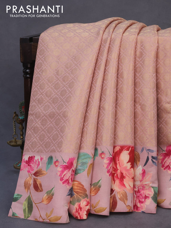 Banarasi silk saree pastel pink with allover zari woven brocade weaves and floral digital printed border