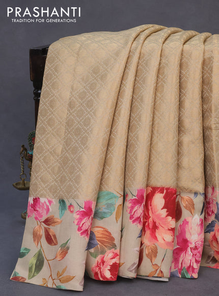 Banarasi silk saree beige with allover zari woven brocade weaves and floral digital printed border