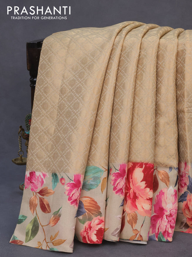 Banarasi silk saree beige with allover zari woven brocade weaves and floral digital printed border