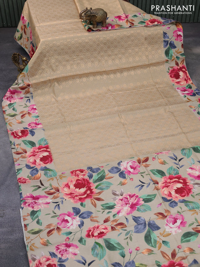 Banarasi silk saree beige with allover zari woven brocade weaves and floral digital printed border