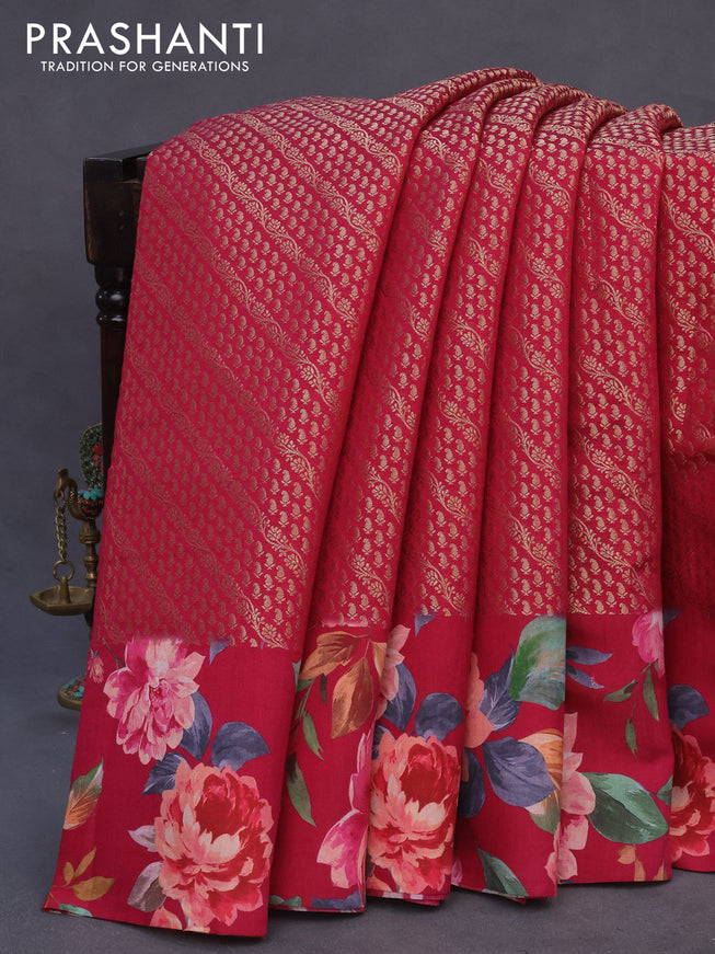 Banarasi silk saree pink with allover zari woven brocade weaves and floral digital printed border