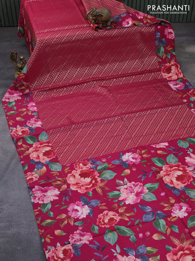 Banarasi silk saree pink with allover zari woven brocade weaves and floral digital printed border