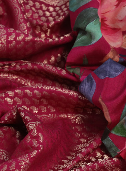 Banarasi silk saree pink with allover zari woven brocade weaves and floral digital printed border