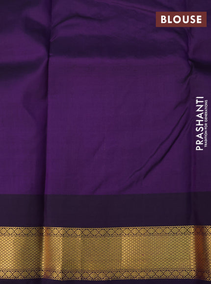 Pure kanchipuram silk saree teal blue and deep violet with allover zari woven buttas and temple design zari woven border