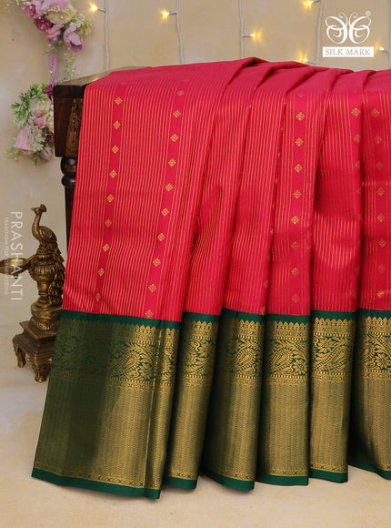 Pure kanchipuram silk saree dark pink and green with allover zari weaves & buttas and long zari woven korvai border