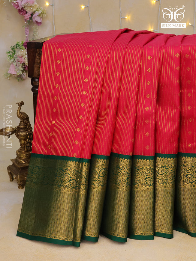 Pure kanchipuram silk saree dark pink and green with allover zari weaves & buttas and long zari woven korvai border