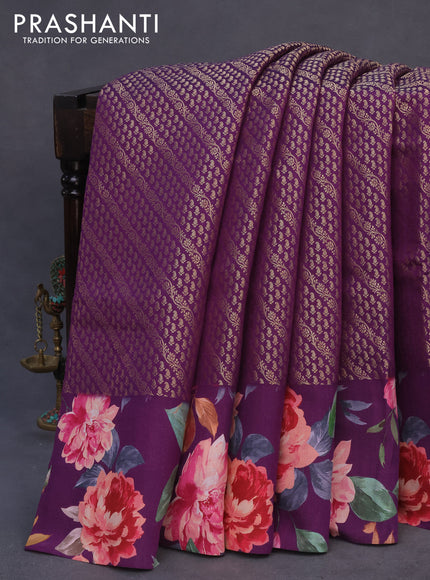 Banarasi silk saree deep purple with allover zari woven brocade weaves and floral digital printed border