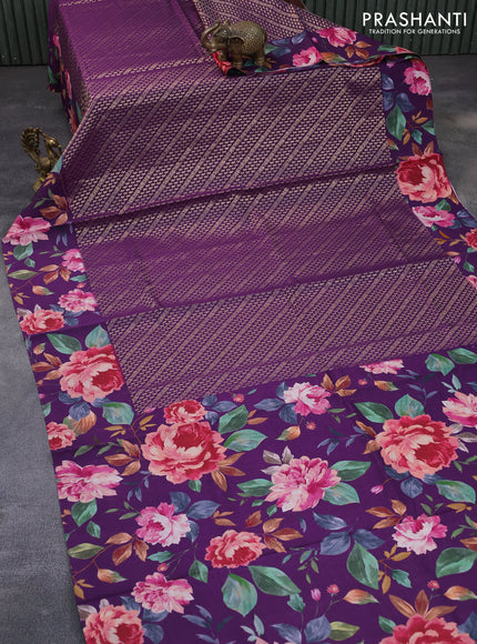 Banarasi silk saree deep purple with allover zari woven brocade weaves and floral digital printed border