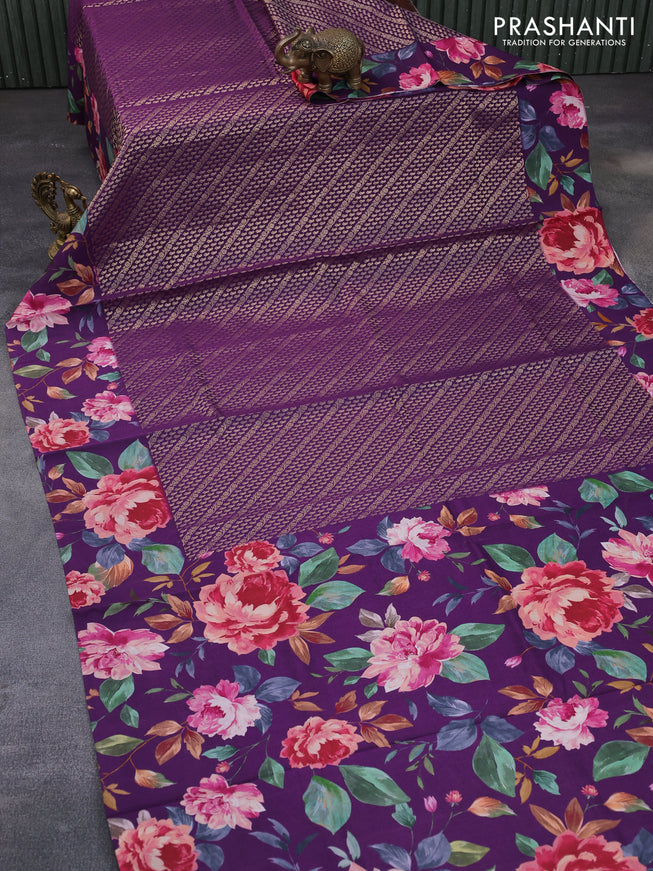 Banarasi silk saree deep purple with allover zari woven brocade weaves and floral digital printed border