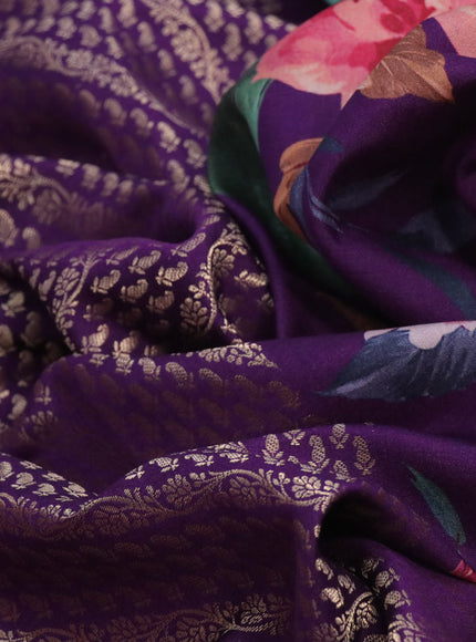 Banarasi silk saree deep purple with allover zari woven brocade weaves and floral digital printed border