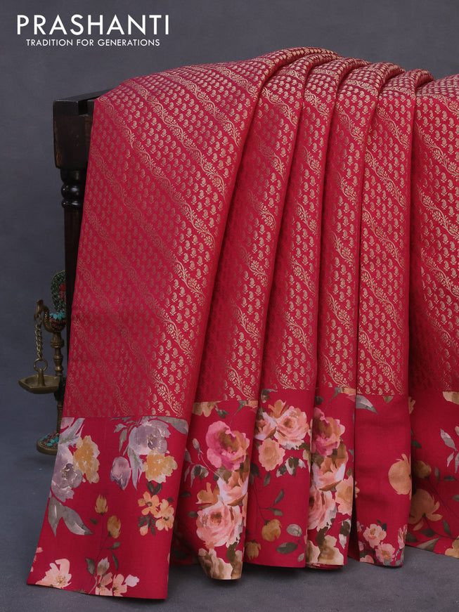 Banarasi silk saree dark pink with allover zari woven brocade weaves and floral digital printed border