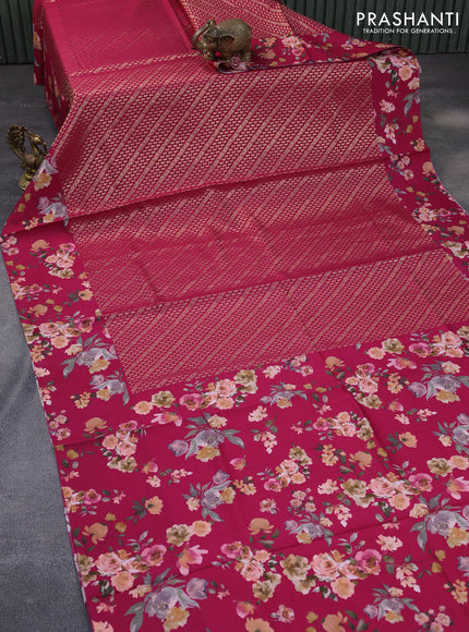 Banarasi silk saree dark pink with allover zari woven brocade weaves and floral digital printed border