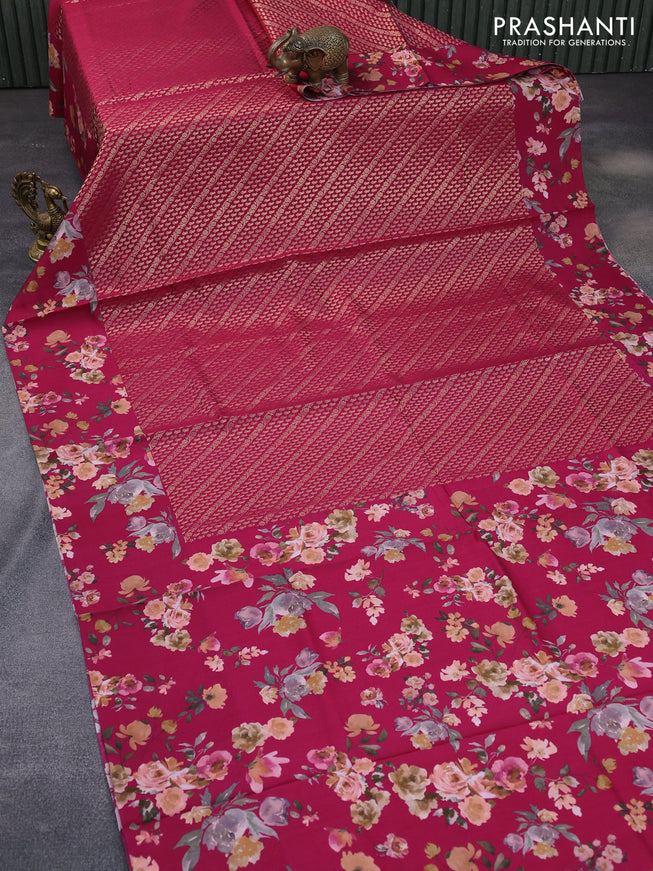 Banarasi silk saree dark pink with allover zari woven brocade weaves and floral digital printed border