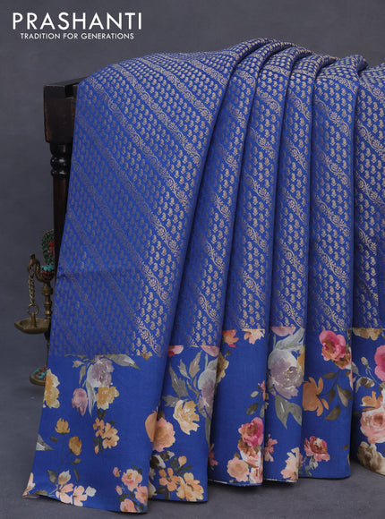 Banarasi silk saree blue with allover zari woven brocade weaves and floral digital printed border