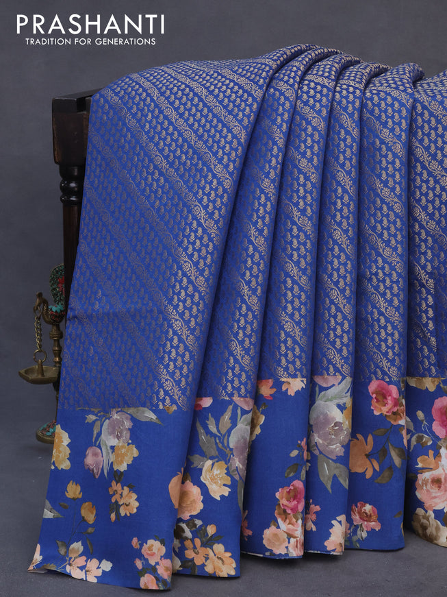 Banarasi silk saree blue with allover zari woven brocade weaves and floral digital printed border