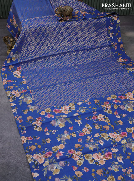 Banarasi silk saree blue with allover zari woven brocade weaves and floral digital printed border