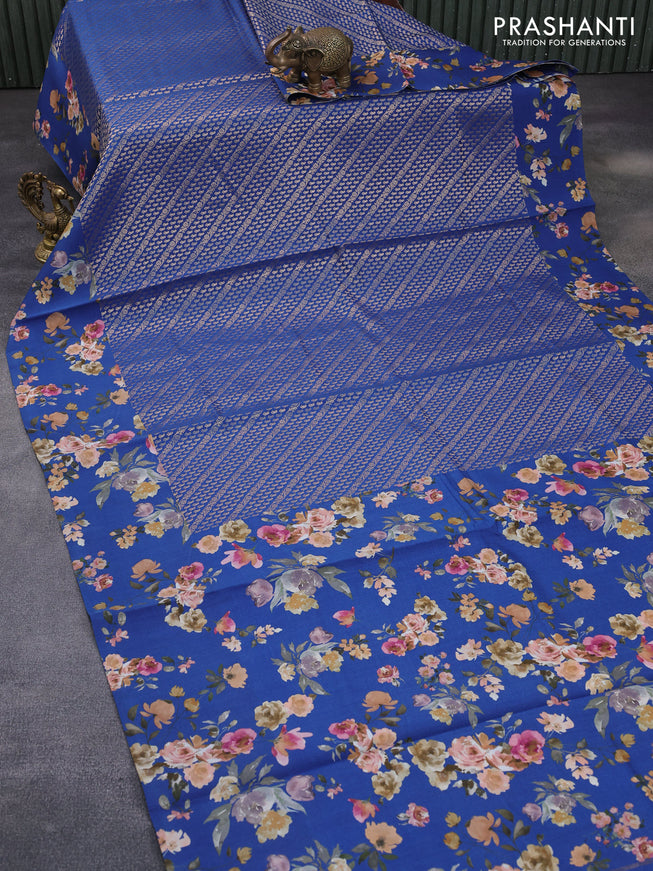 Banarasi silk saree blue with allover zari woven brocade weaves and floral digital printed border