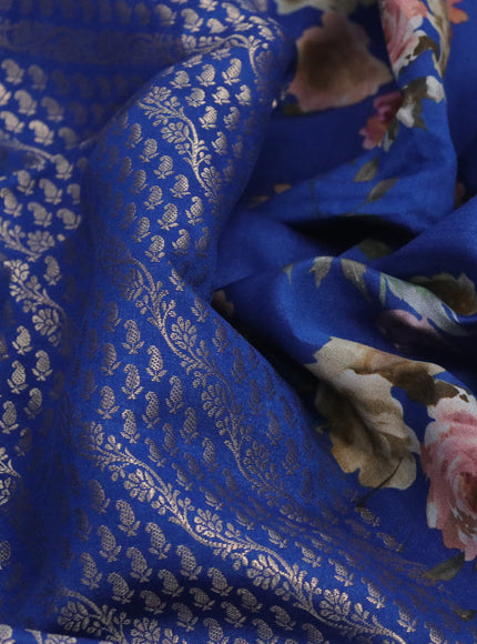 Banarasi silk saree blue with allover zari woven brocade weaves and floral digital printed border