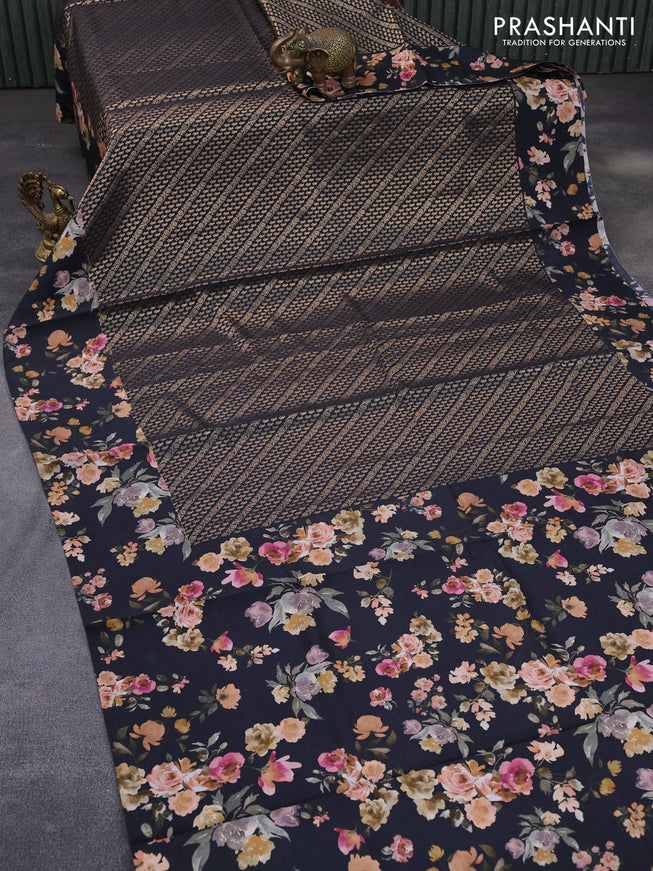 Banarasi silk saree black with allover zari woven brocade weaves and floral digital printed border