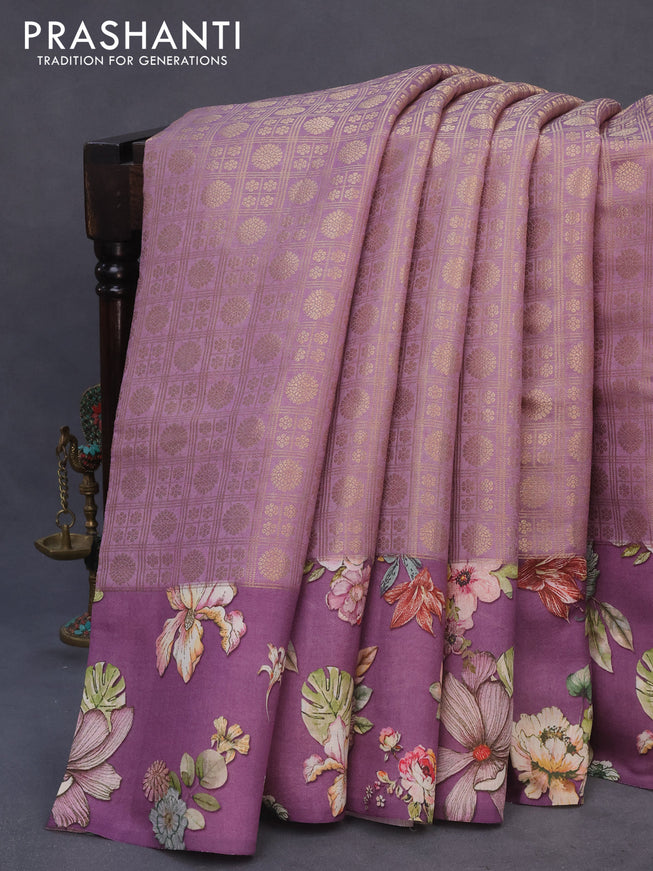 Banarasi silk saree pastel purple with allover zari woven brocade weaves and floral digital printed border