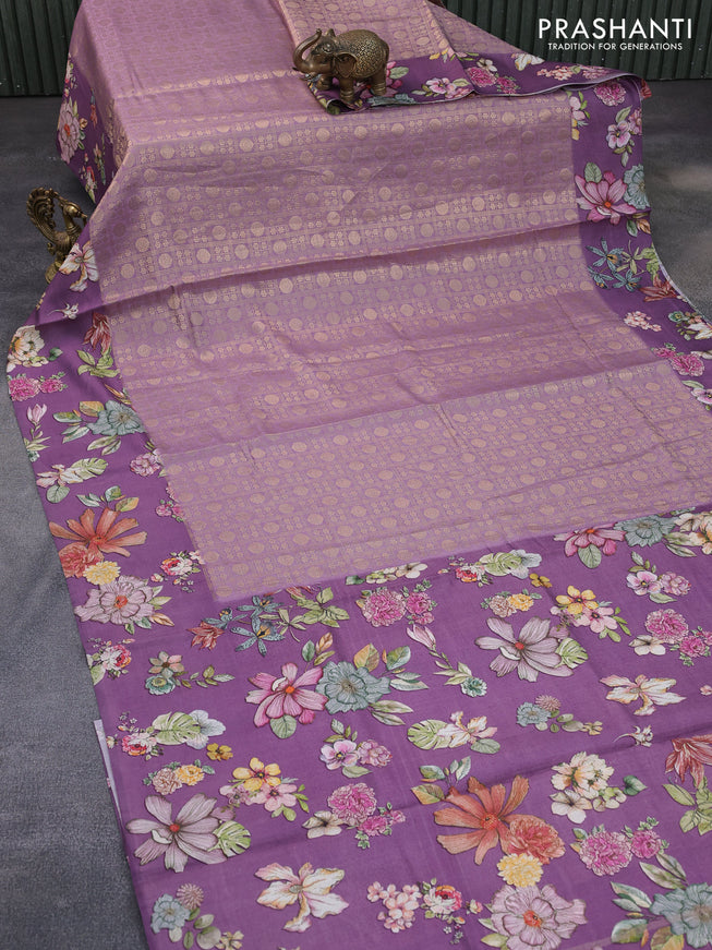 Banarasi silk saree pastel purple with allover zari woven brocade weaves and floral digital printed border