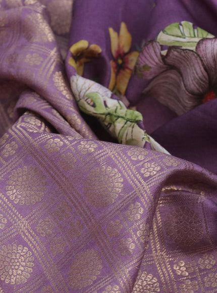 Banarasi silk saree pastel purple with allover zari woven brocade weaves and floral digital printed border