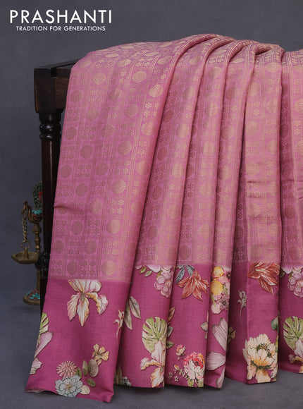 Banarasi silk saree mauve pink with allover zari woven brocade weaves and floral digital printed border