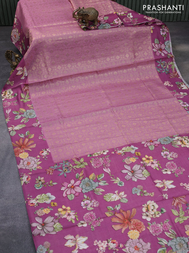 Banarasi silk saree mauve pink with allover zari woven brocade weaves and floral digital printed border