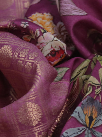 Banarasi silk saree mauve pink with allover zari woven brocade weaves and floral digital printed border