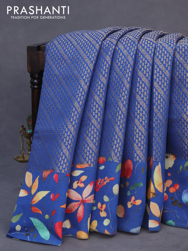 Banarasi silk saree blue with allover zari woven brocade weaves and floral digital printed border